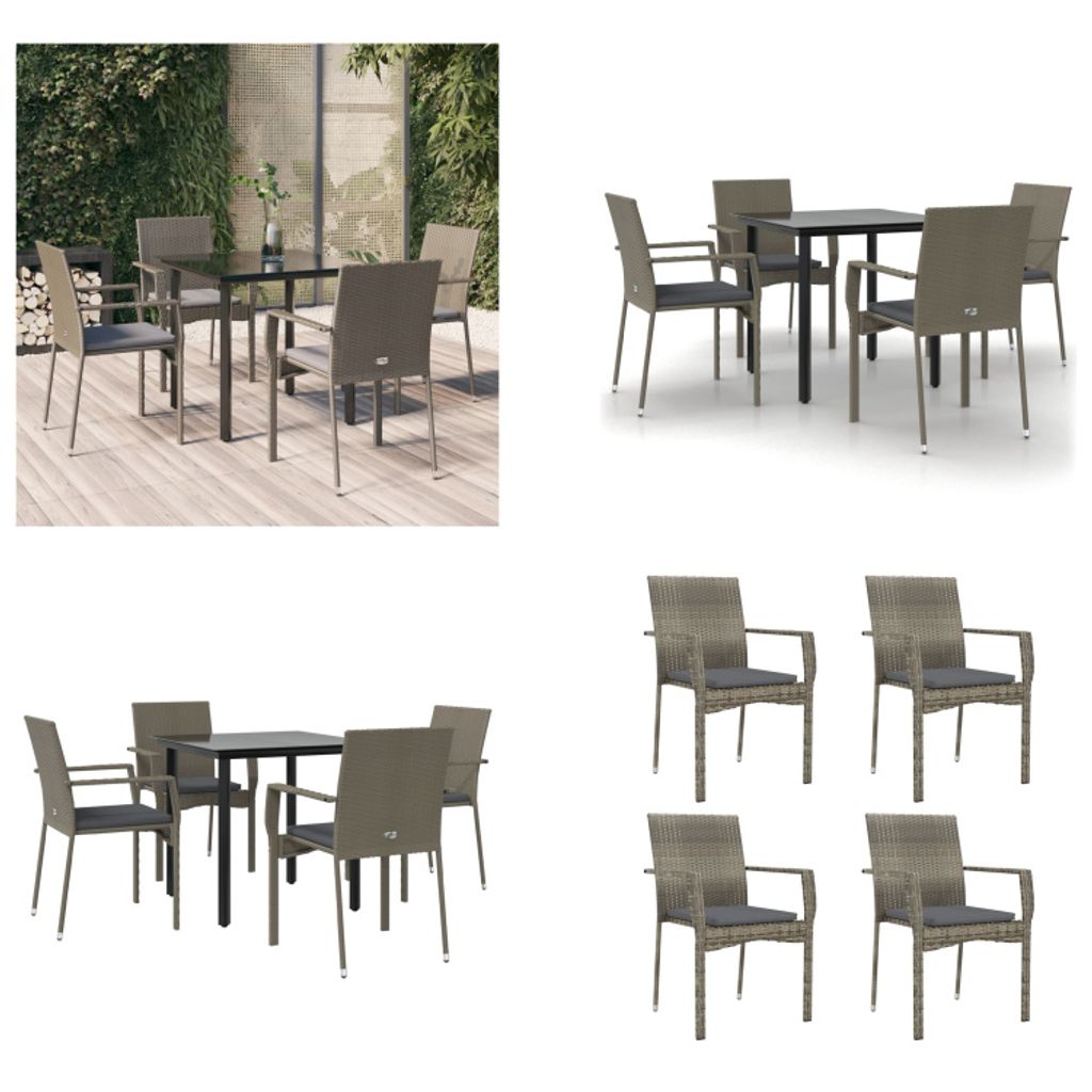vidaXL 5 tlg. Garten Essgruppe mit Kissen Schwarz und Grau Poly Rattan - Garten Essgruppe - Garten Essgruppen - Essgruppe - Essgruppe Terrasse