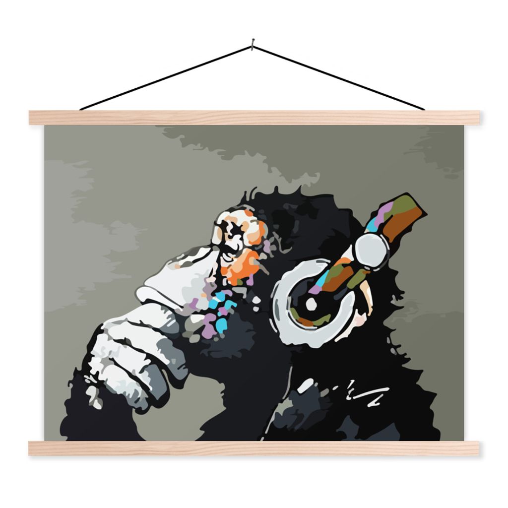 MuchoWow Textilposter Gemälde - Ölgemälde - Affe - Kopfhörer 40x30 cm mit holzfarbenen Rahmen - Bilder