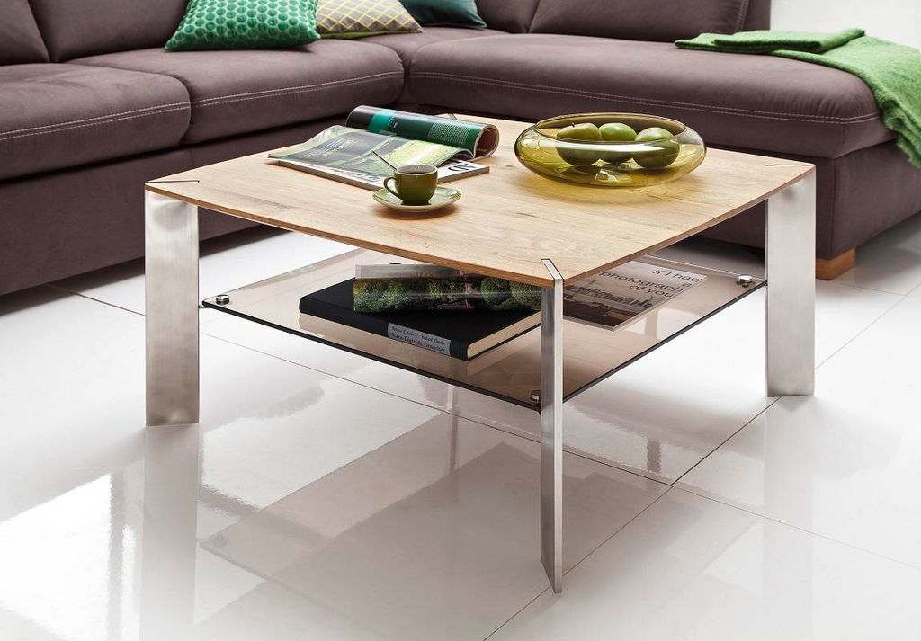 Couchtisch Nelia | Asteiche massiv | mit Glasablage | 80x80 | Eiche