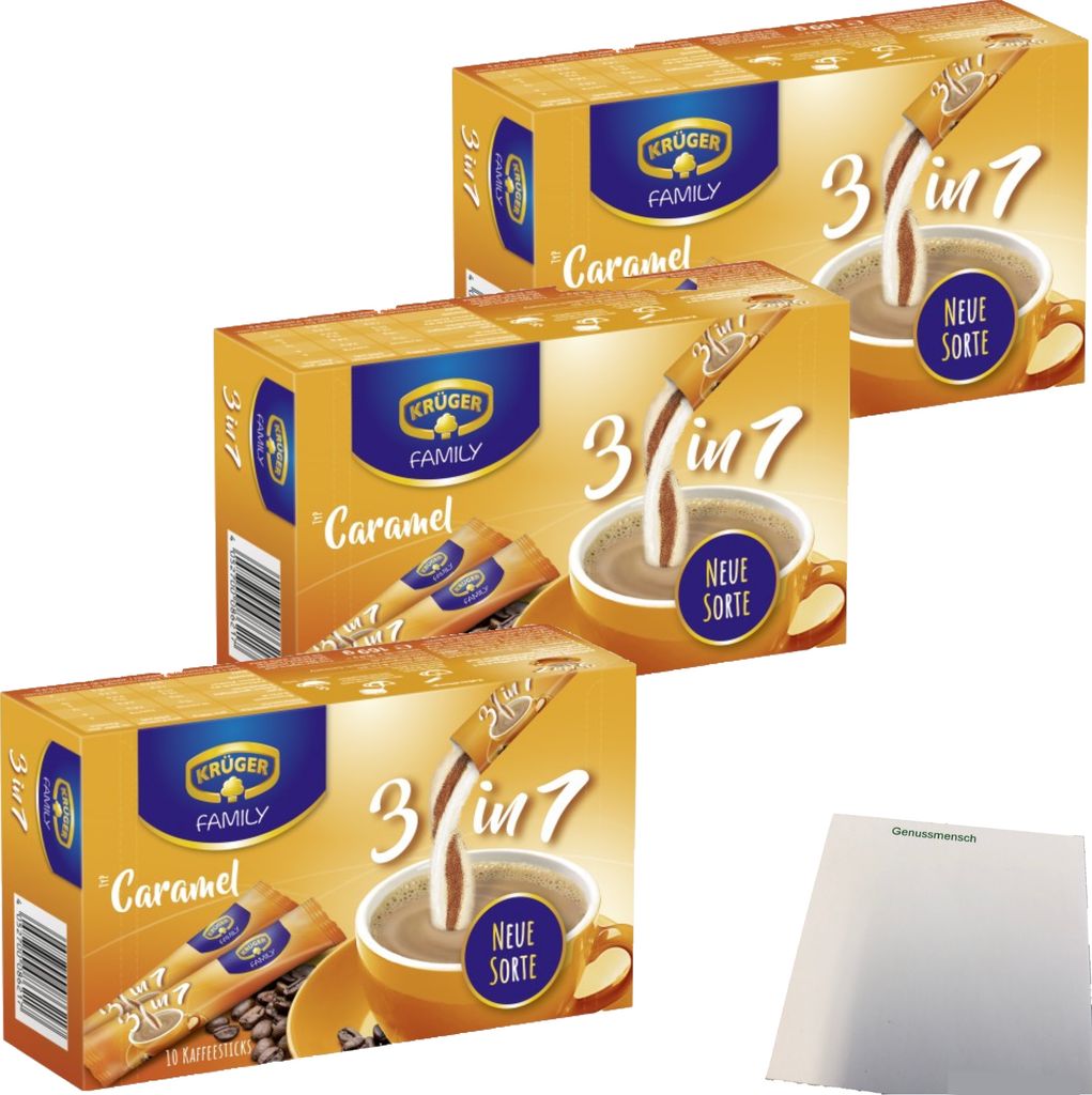 Krüger Family Kaffee-Sticks 3in1 Caramel 3er Pack (3x169g Packung) + usy Block