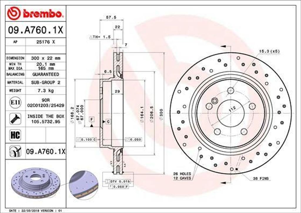 BREMBO 09.A760.1X Bremsscheibe OE 0004231212 kompatibel mit E-Klasse, C-Klasse