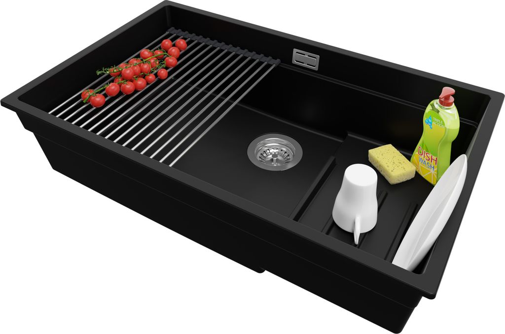 PRIMAGRAN Unterbauspüle Granit Schwarz 76x47cm, Spülbecken 1 Becken + Ablauf-Set + Aufrollbare Abtropffläche, Granitspüle ab 80er Unterschrank ...