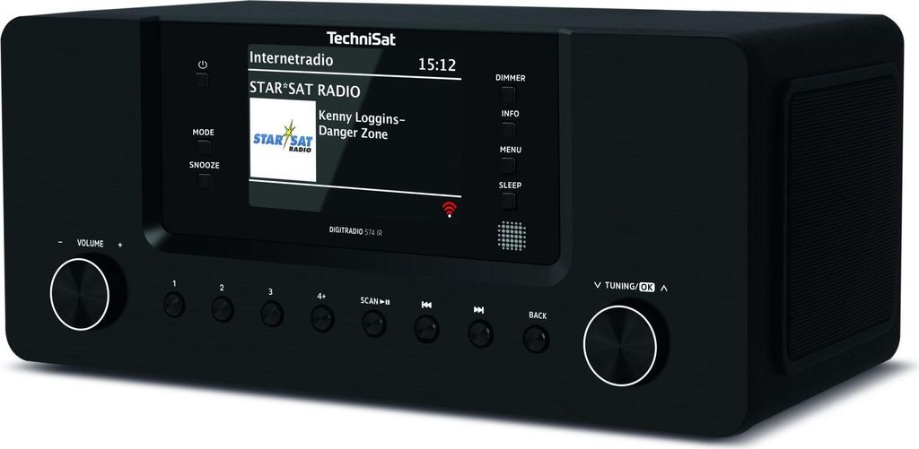 A black TechniSat DigitRadio 574 IR internet radio is shown from the front-left on a white background.