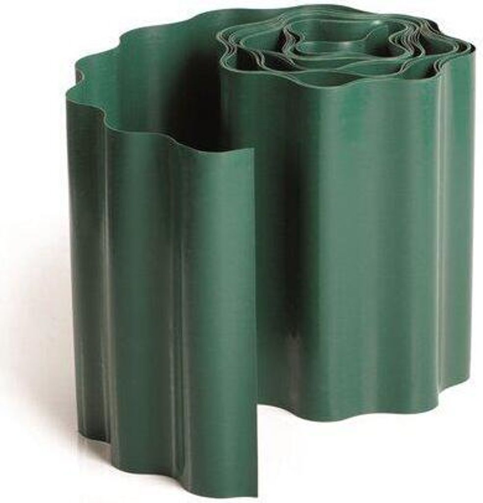 A roll of green garden edging with a wavy pattern.