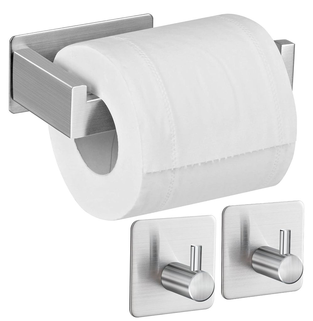 Bohrfreier Toilettenpapierhalter, selbstklebender Toilettenpapierhalter aus Edelstahl mit 2 Handtuchhaken für Küche und Bad, silberfarben