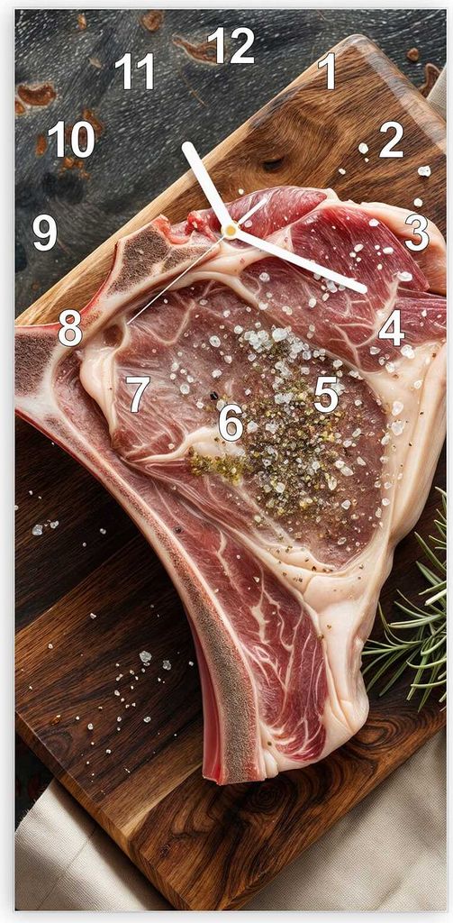 Wanduhr aus Glas mit Motiv Steakauf Holzbrett- 30 x 60 cm - inkl. Aufhängesystem