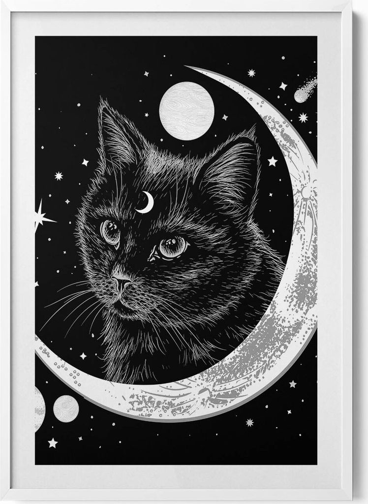 Magische schwarze Katze und Kosmos– Wandbild mit Rahmen – Gerahmtes Bild – Wanddekoration – 70x100 cm – Weiß Rahmen