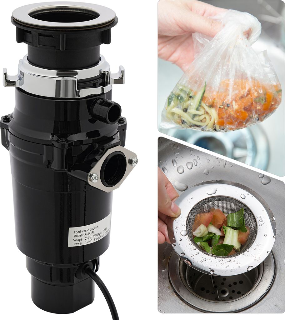 Collage showing a food waste disposer, a bag of food scraps, and a sink strainer with food scraps.