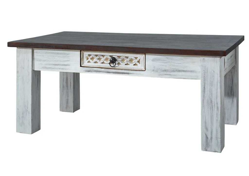 Table basse rectangulaire en bois massif blanc antique pour salon