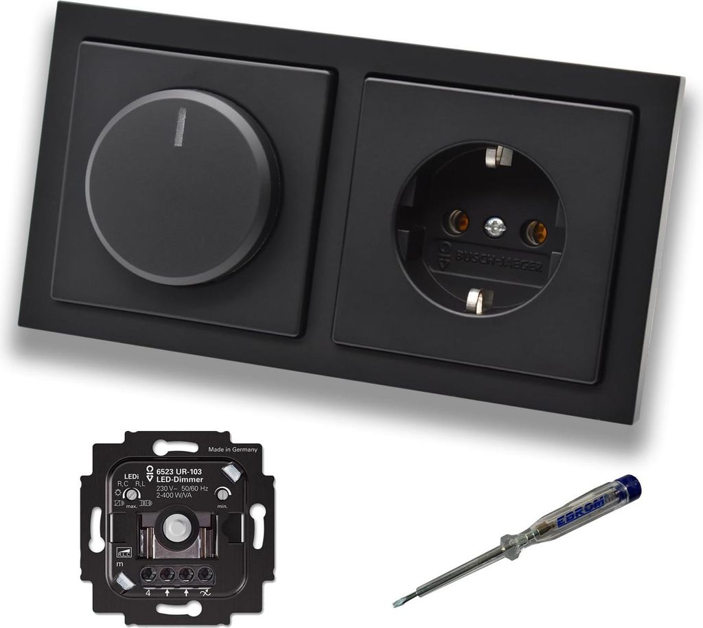 Busch Jäger 6523UR-103 LED Drehdimmer Dimmer + Scheibe 6540-885-102 + Steckdose mit Kinderschutz 20EUCKS-885 in Future Linear schwarz matt + EBROM...