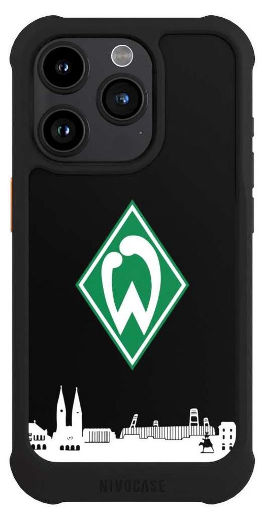 NIVOCASE Hülle für Apple iPhone 15 Pro Stoßfeste Handyhülle NIVOmax Case Schwarz Offizielles Lizenzprodukt SV Werder Bremen Skyline