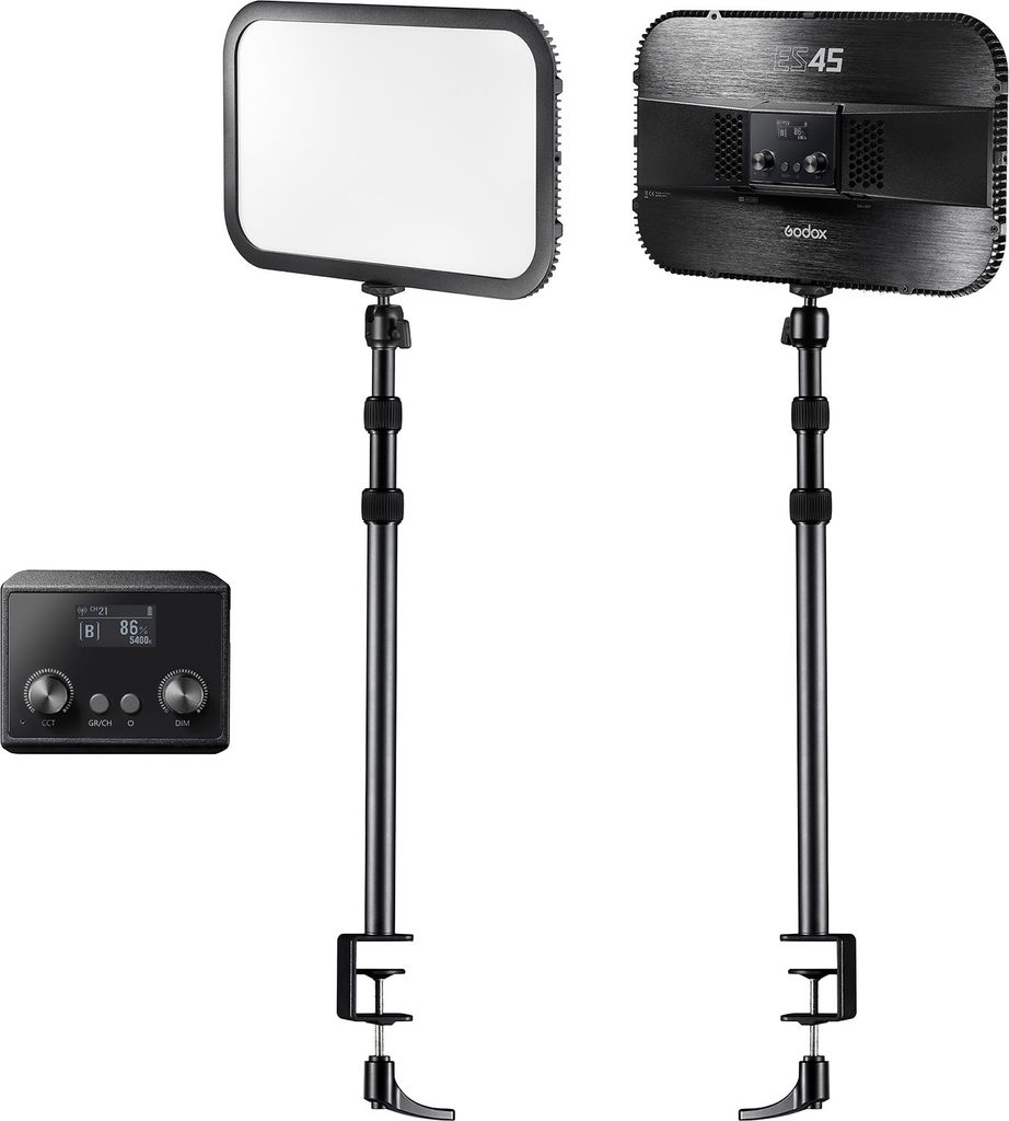 Godox ES45 E-Sports LED-Videolichtpanel max. 2500 Lumen, 2800 KšC6500 K, dimmbar, mit C-Klemme, Tischmontage-Lichtstativ, 2,4 G kabellose Fernbedi...