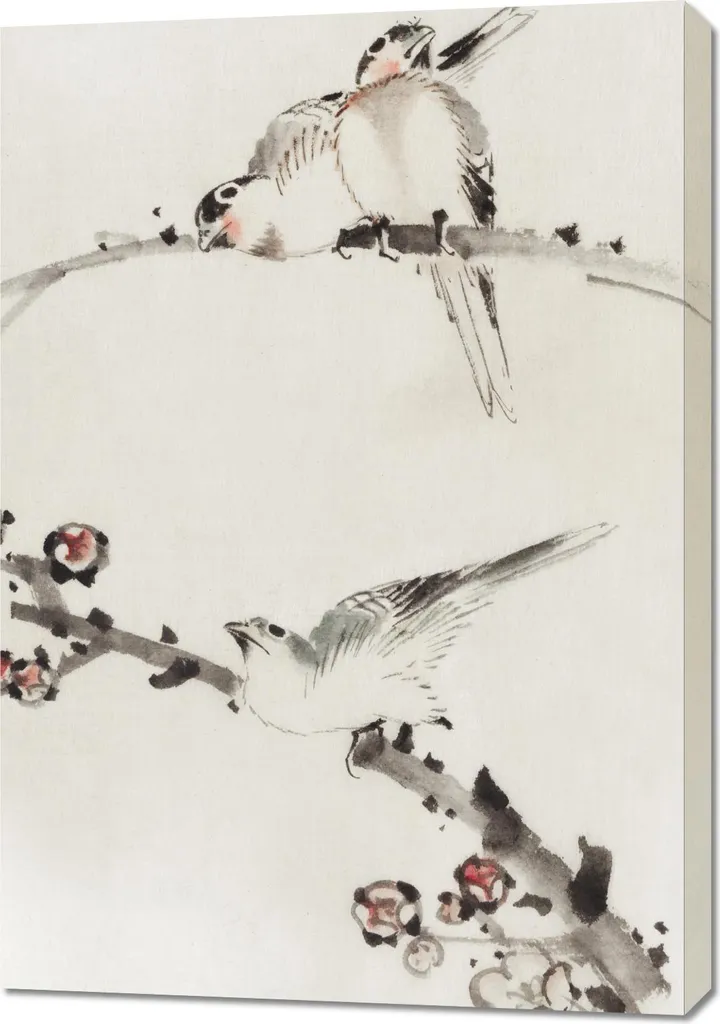 Tableau Hokusai Vintage Trois Oiseaux sur Branches 70x100 cm Déco