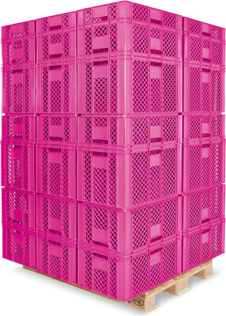 1 Palette / 78 Stück Stapelkörbe/Bäckerkästen in 5 Größen, Grundmaß LxB 600 x 400 mm, H 90 mm, 150 mm, 240 mm, 320 mm, 410 mm, Farbe pink