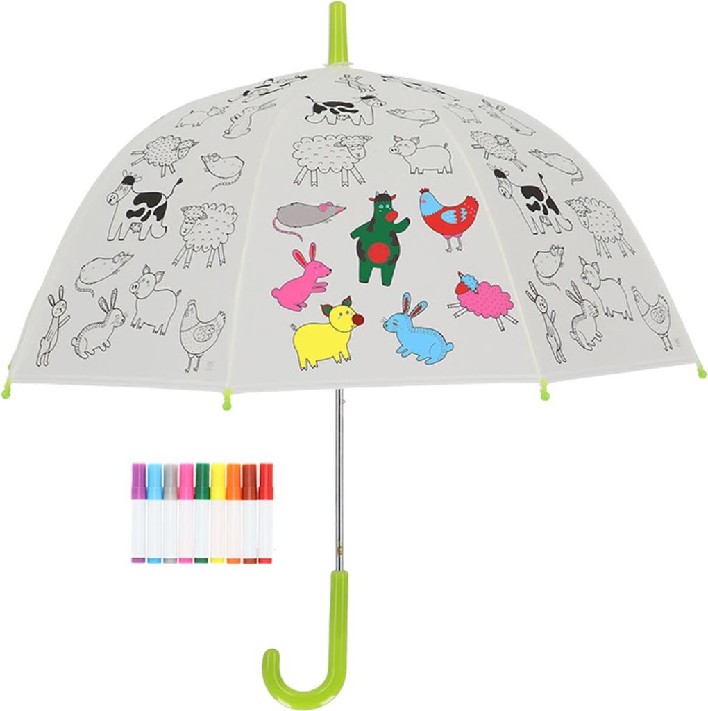 Esschert Design Regenschirm für Kinder mit Bauernhoftieren PiY zum Ausmalen