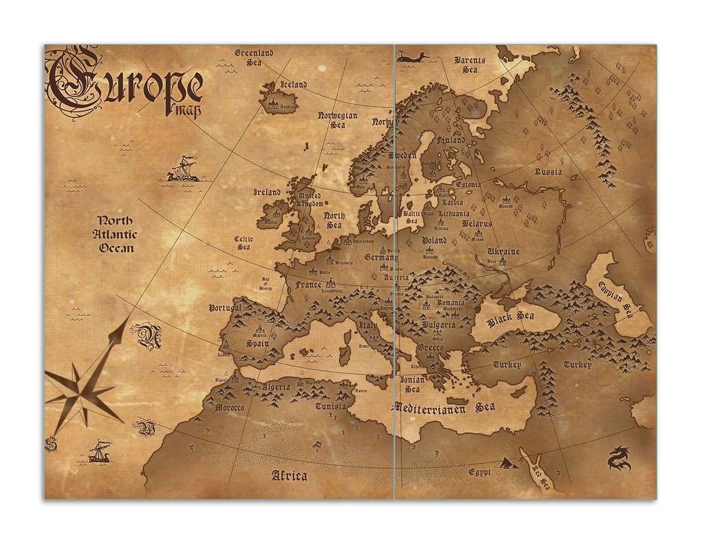 Wallario Herdabdeckplatte aus Glas, Größe 70 x 52 cm 2-teilig, Motiv Alte Weltkarte Karte von Europa in englisch