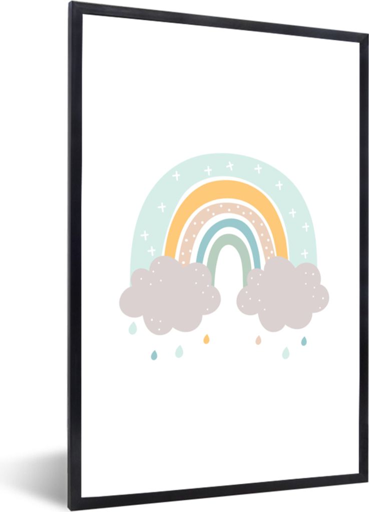 MuchoWow Gerahmtes Poster Regenbogen - Wolken - Regen - Kinder - Pastell 20x30 cm - Poster mit Schwarzem Bilderrahmen Wandposter Rahmen Foto Bild...