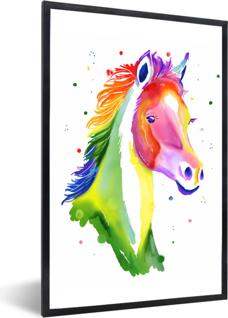 MuchoWow MuchoWow Gerahmtes Poster Pferd - Regenbogen - Weiß - Mädchen - Kinder - Mädchen 60x90 cm - Poster mit zchwarzem Bilderrahmen - Kunst