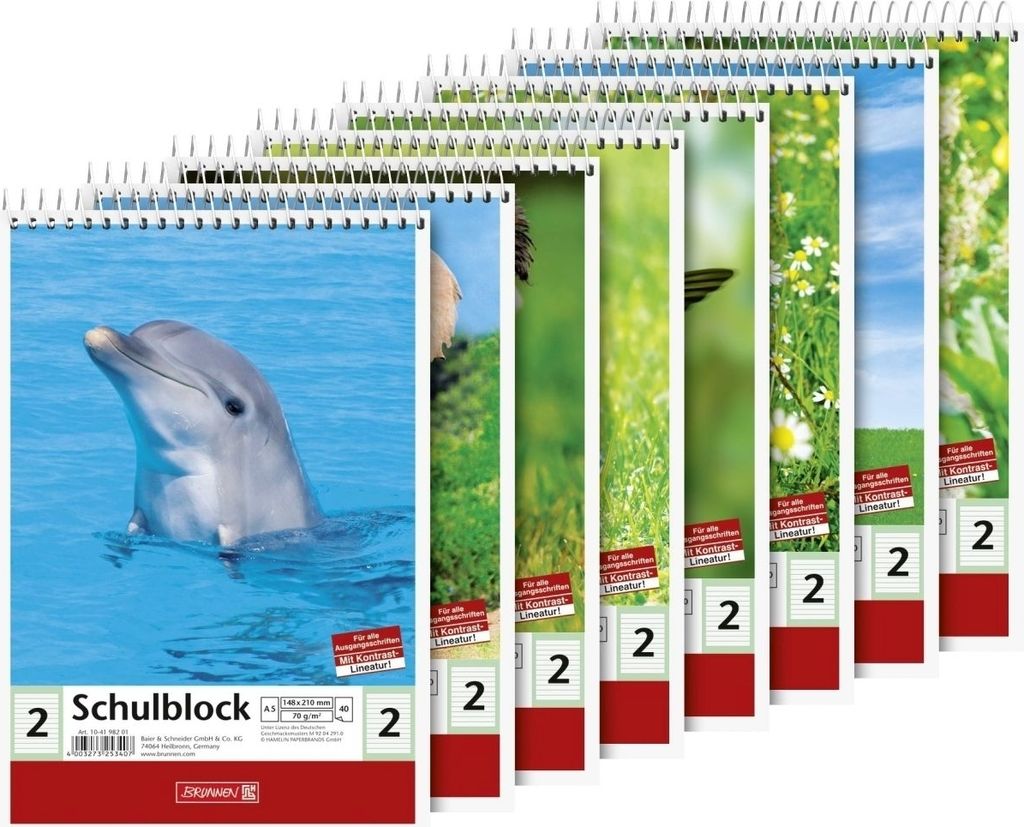 Schulblock A5 70g/qm Lineatur 2 mit Spirale 40 Blatt Motive sortiert Packung mit 10 Stück