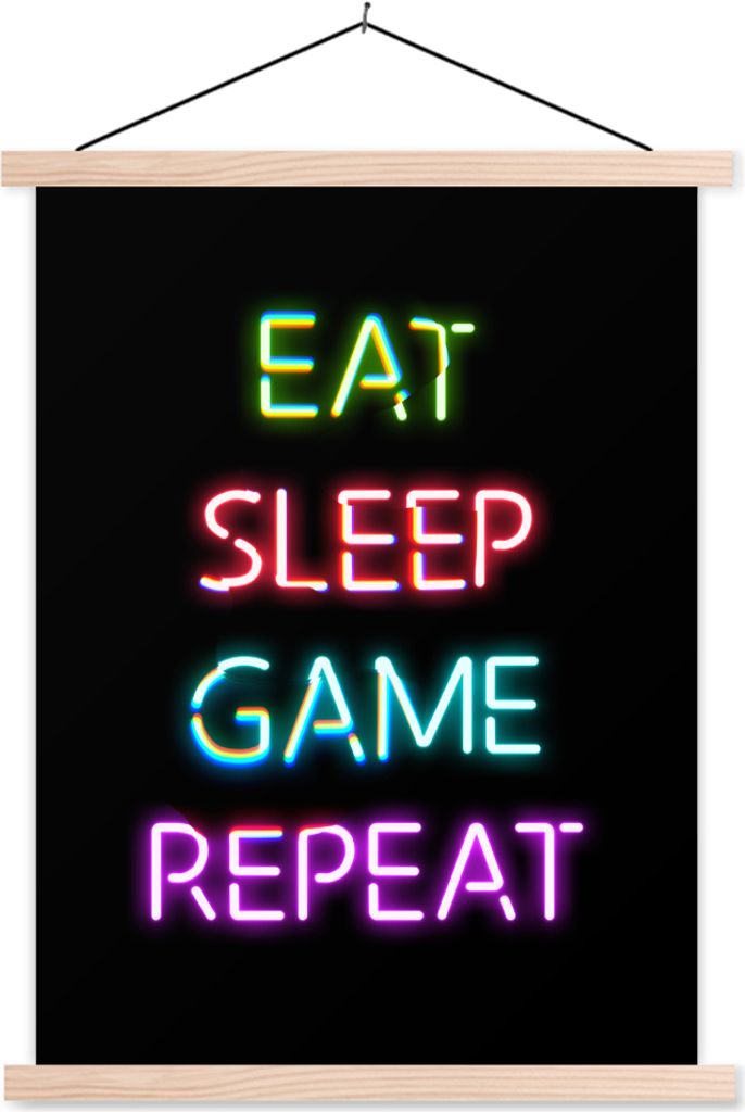 MuchoWow Textilposter Gaming - Spiel - Essen-Schlafen-Spiel wiederholen 120x160 cm mit holzfarbenen Rahmen - Plakatkarton