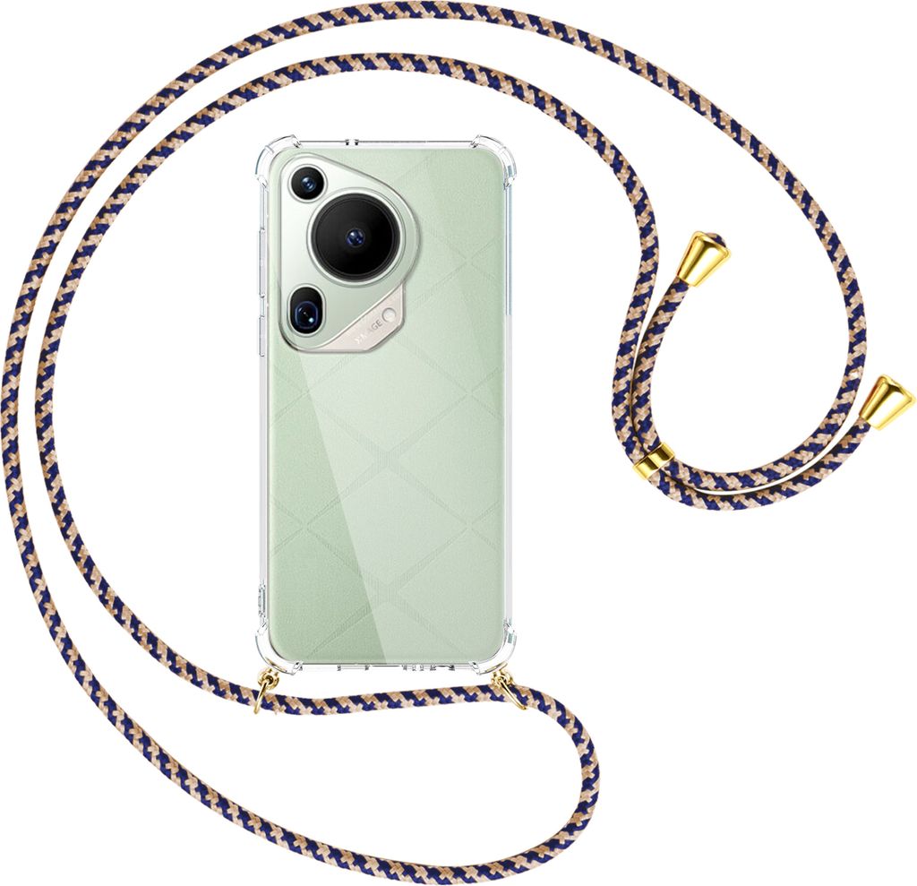 Handykette Backcover-Schutzhülle mit Band (Metall goldfarben) für Huawei Pura 70 Ultra - blau+beige