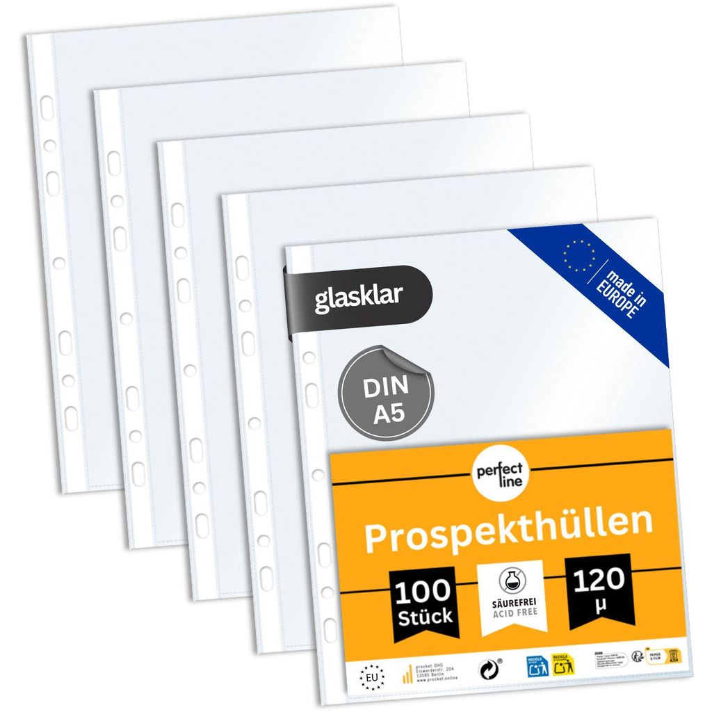perfect line 100 Prospekthüllen A5 PP 120 my glasklar extra stark dokumentenecht