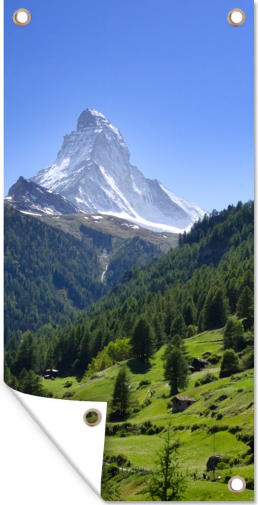 MuchoWow 80x160 cm Outdoor-Poster Gartendeko Sichtschutz Garten Poster für den Garten Schweizer Alpen im Matterhorn mit grünen Bäumen