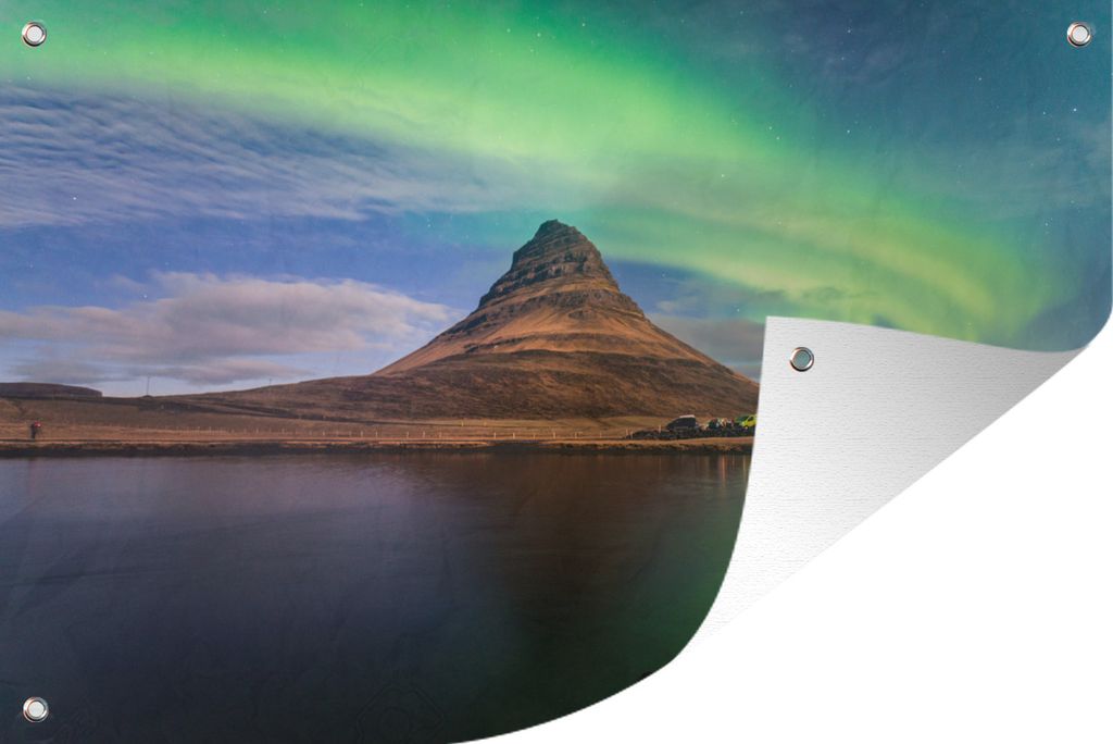 MuchoWow 120x80 cm Outdoor-Poster Gartendeko Sichtschutz Garten Poster für den Garten Nordlicht über einem Vulkan