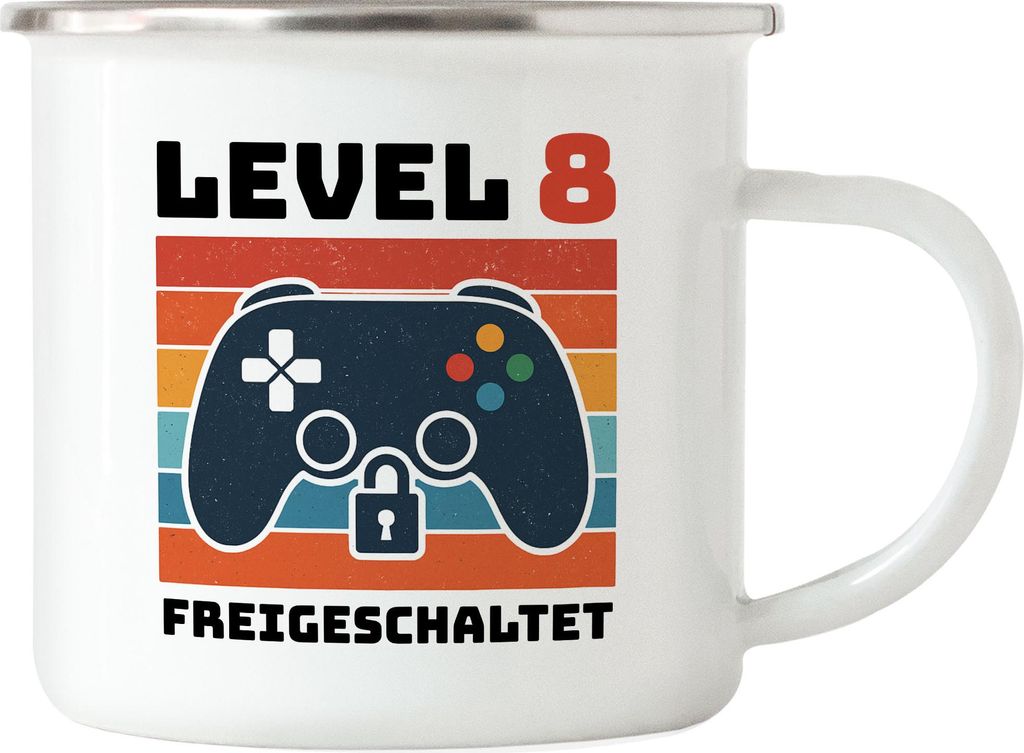 Level 8 Gaming Emaille Tasse Retro Controller Geschenk 8 Geburtstag Gamer Kinder