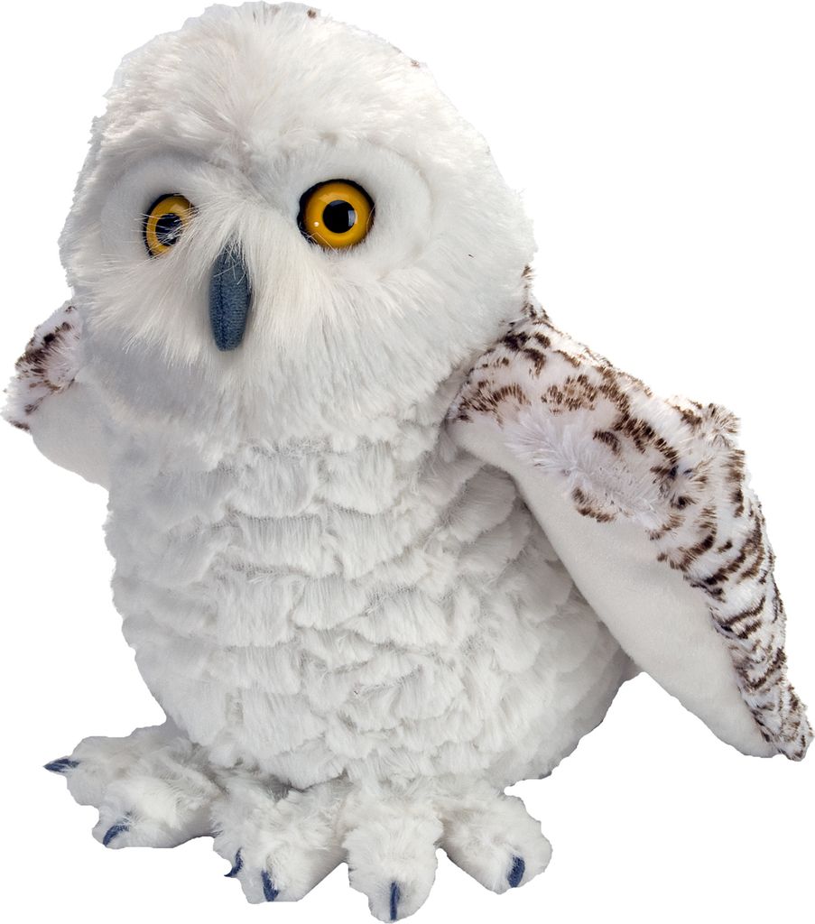 A plush toy owl is shown sitting against a white background.
