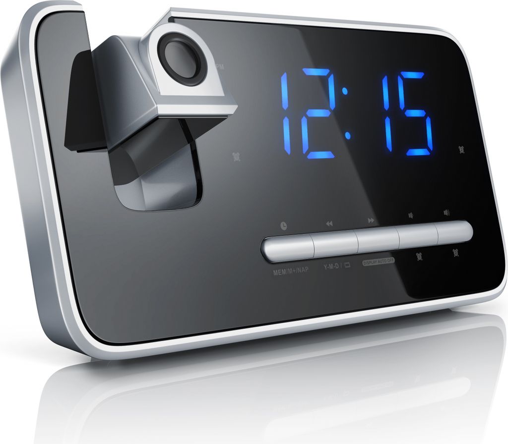 A digital alarm clock with a projection display and FM radio.