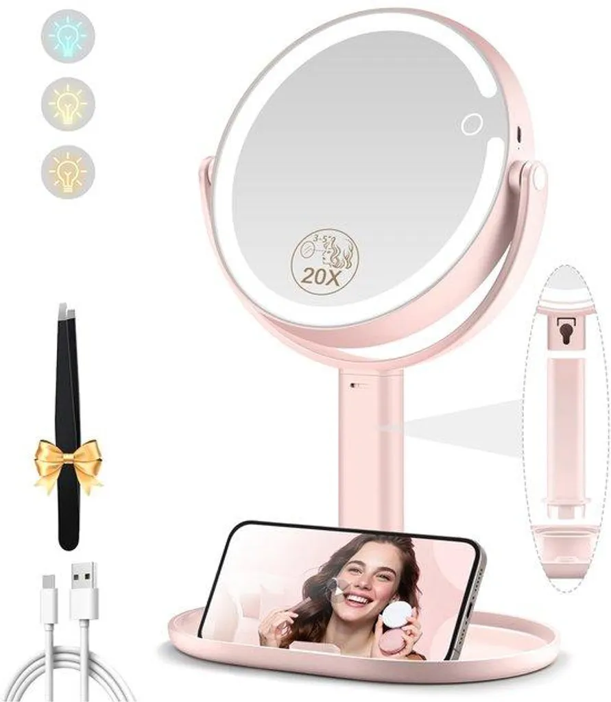 Miroir LED grossissant 20x rouge avec intensité réglable et 3 couleurs