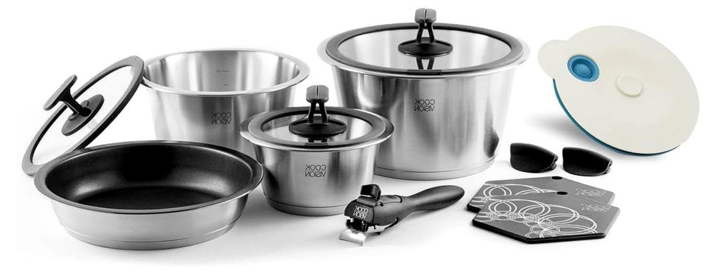 nesto stapelbares Topf- und Pfannenset 13-tlg. Schwarz, 3 Edelstahltöpfe für Spülmaschine, Induktion, Backofen, Antihaft-Pfanne, Griff abnehmbar...