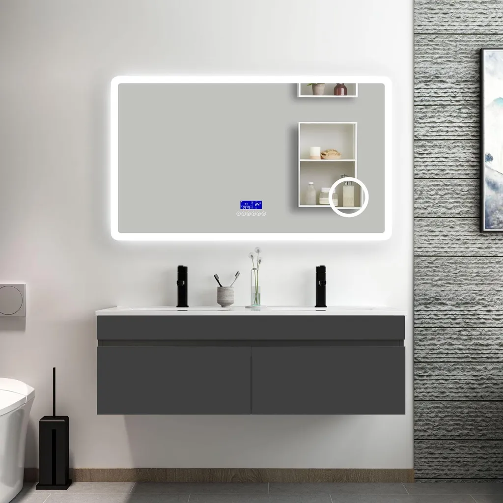 Aménagement Salle de Bain Familiale 120cm : Meuble Anthracite et Miroir
