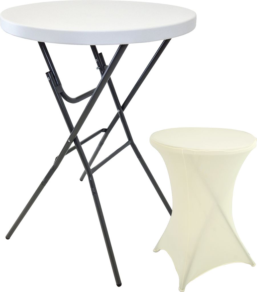 Stehtisch mit Husse Partytisch klappbar Ø 80 cm Höhe 110 cm Bistrotisch in Weiß mit Husse in Beige