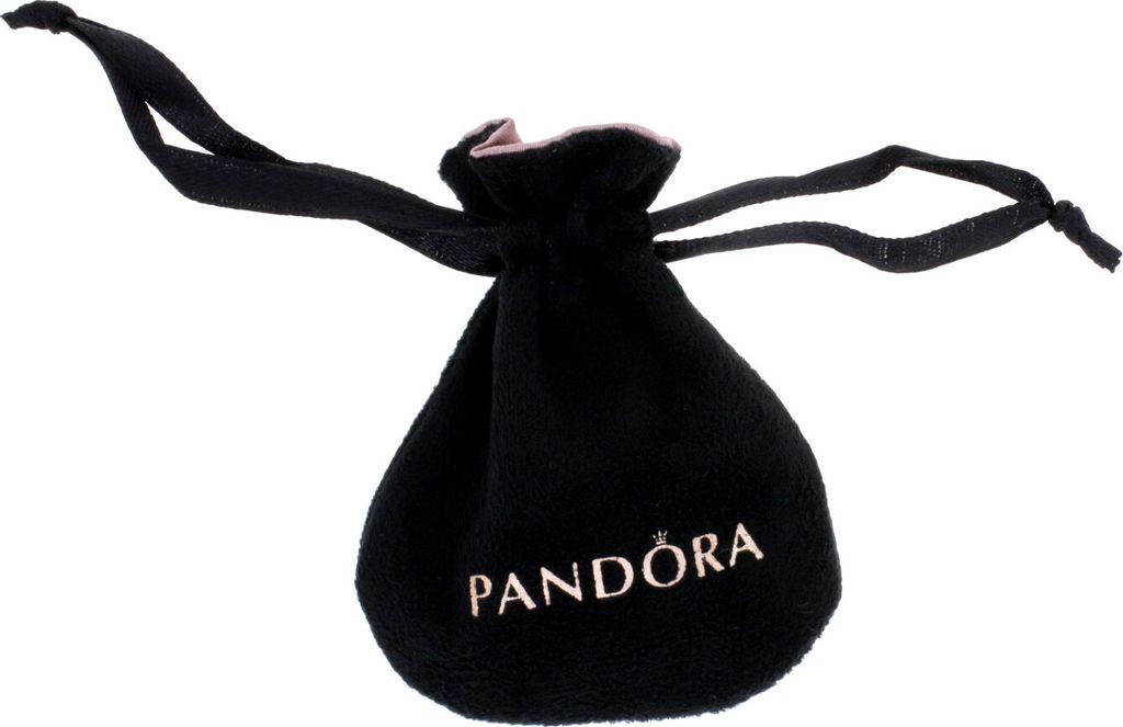 A black velvet drawstring pouch with the Pandora logo embroidered in rose gold.