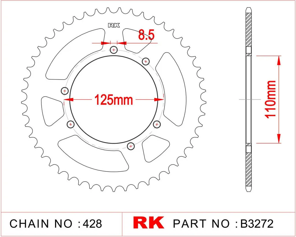 Pignon de chaîne RK 3272 type 428 en acier argenté à 60 dents