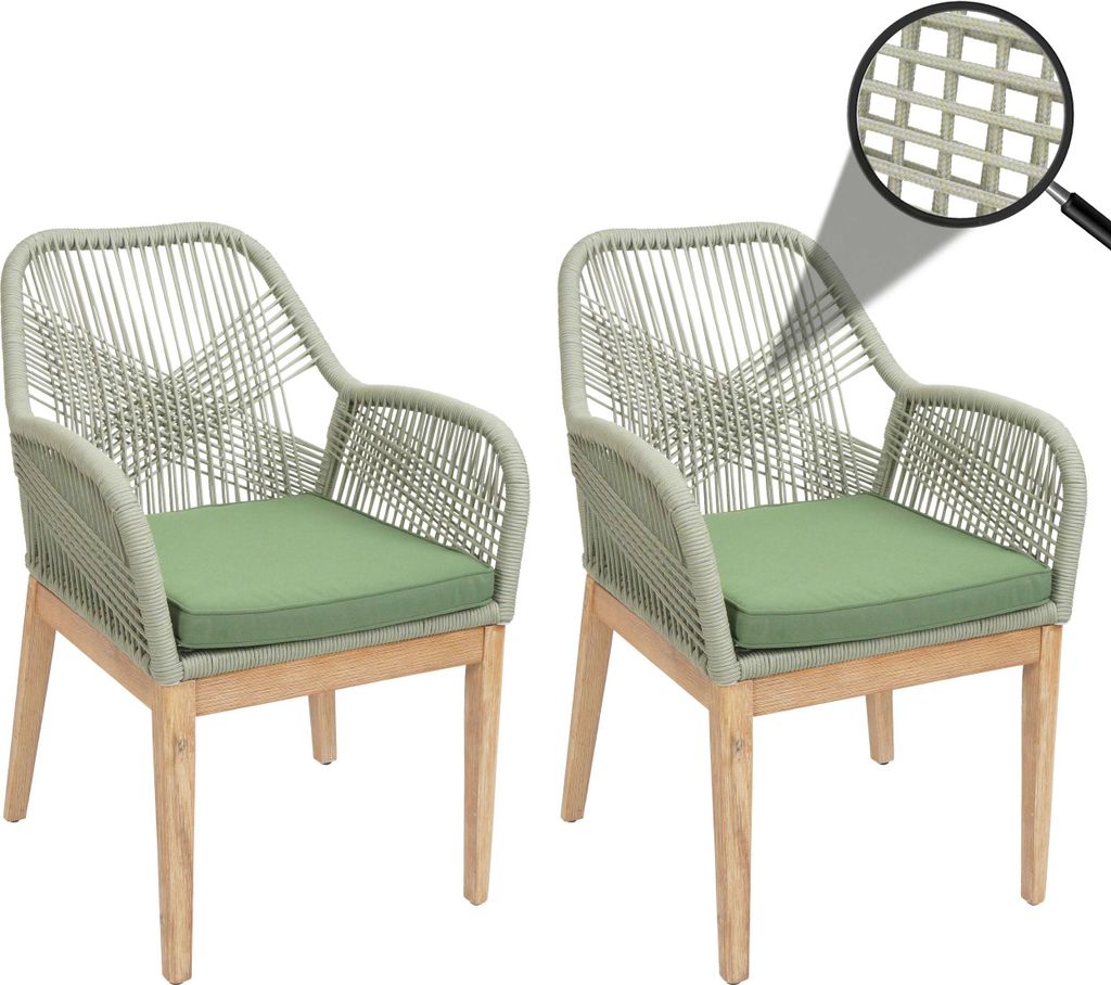 2er-Set Gartenstuhl MCW-H56b, Sessel Outdoor, wetterfest Seilgeflecht Rope Holz Akazie grün Kissen grün