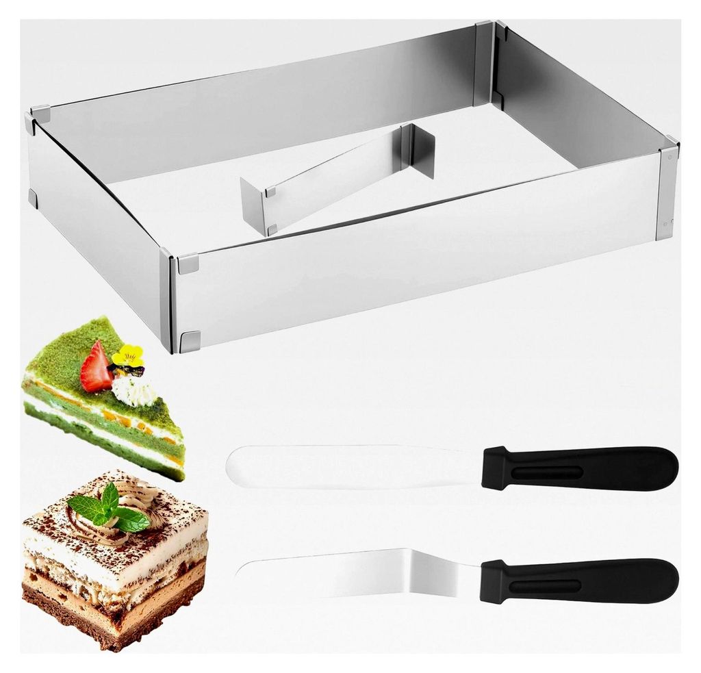Verstellbarer rechteckiger Backrahmen, 27x18cm (5cm hoch), erweiterbar auf 52x34cm mit 1 verstellbarem Teiler und 2 Spateln für Kuchen, Torten, Pi...