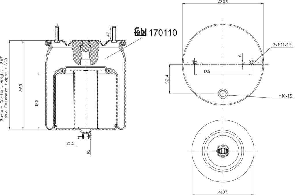 FEBI BILSTEIN Luftfederbalg Federbalg 170110 Vorne für VOLVO FH12 267 655mm 258 197mm