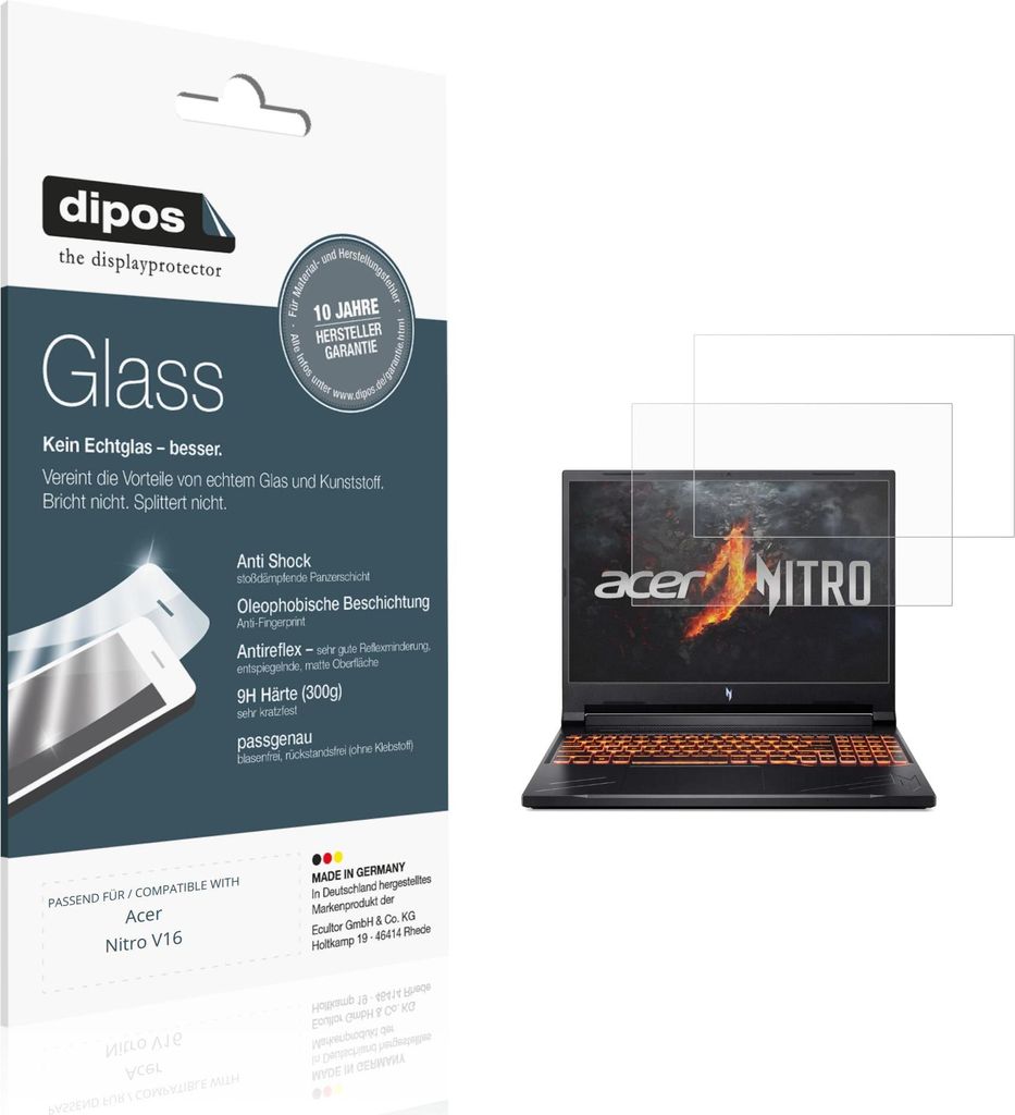 2x Schutzfolie für Acer Nitro V16 matt - Anti-Shock 9H Folie dipos Glass Kunststoffglas