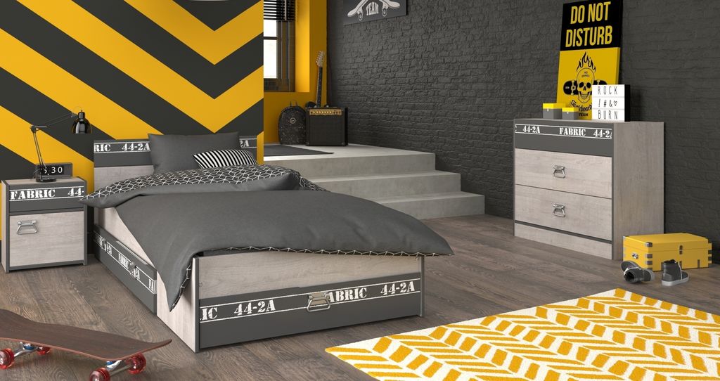 Jugendzimmer-Set >Fabric 14< (3-teilig) Bett, Nachtkonsole, Kommode, in Esche Grau Nachbildung