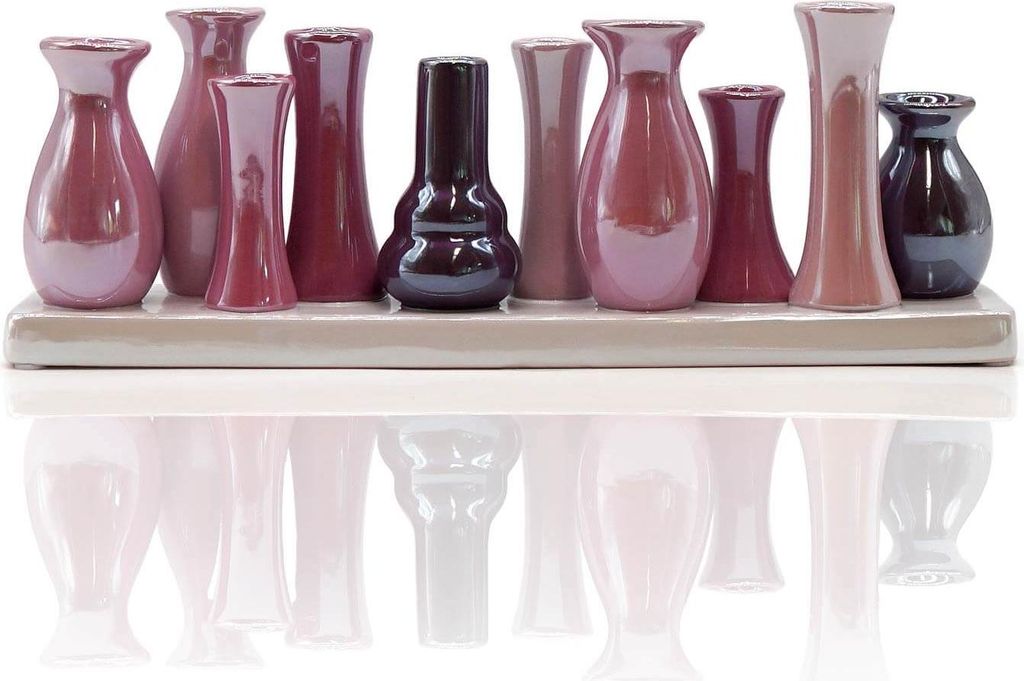 10 Väschen auf Tablett aus Keramik rosa-pink pearl
