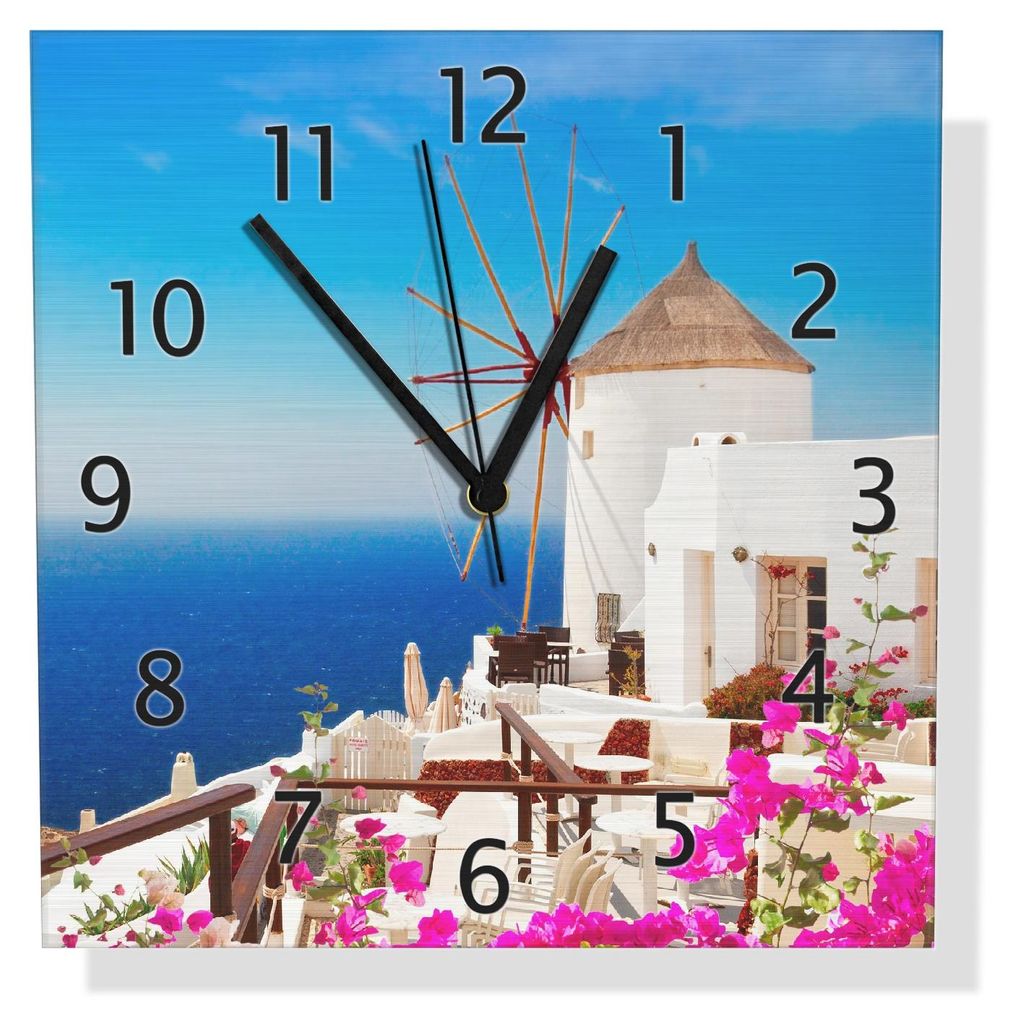 Wallario Design Wanduhr Windmühle über azurblauem Meer aus Aluverbund, Größe 30 x 30 cm