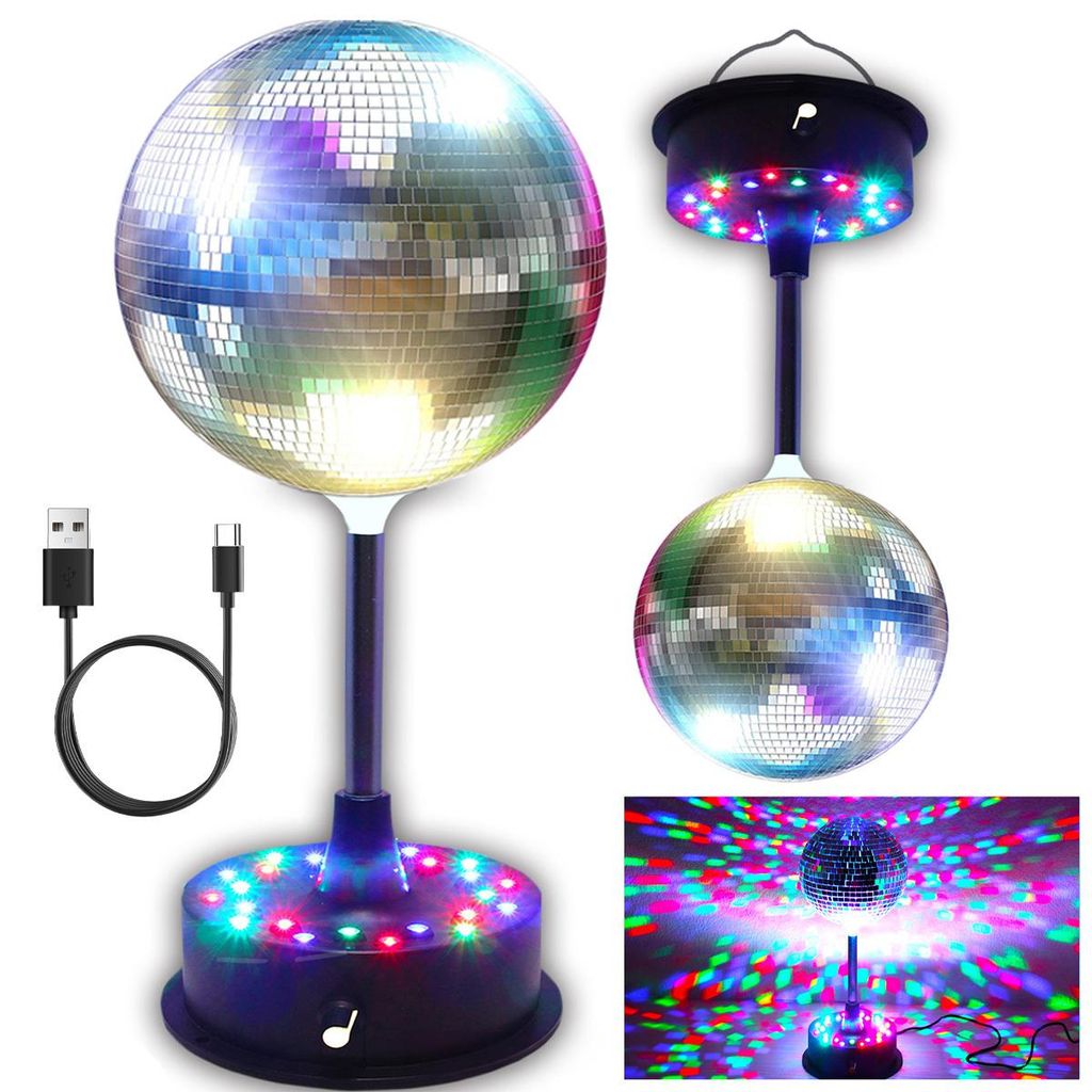 LED Discokugel mit Motor 6 Zoll, Party Licht 90er Jahre, 18 LEDs RGB, USB & Batteriebetrieb, rotierend 5 RPM, für Party & Event Dekoration