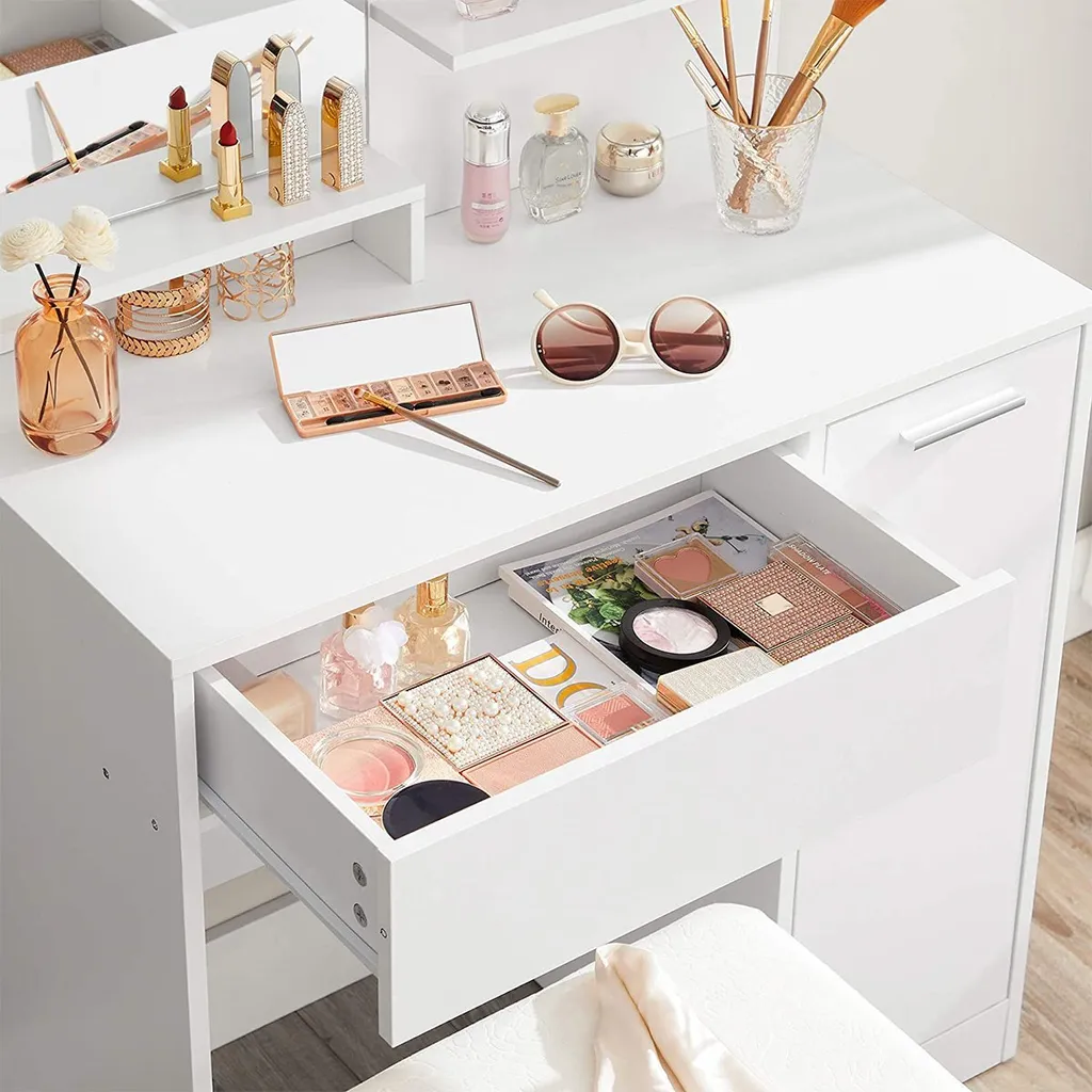 Table de Maquillage avec Miroir Coiffeuse Blanche pour Routine de Soins - 8