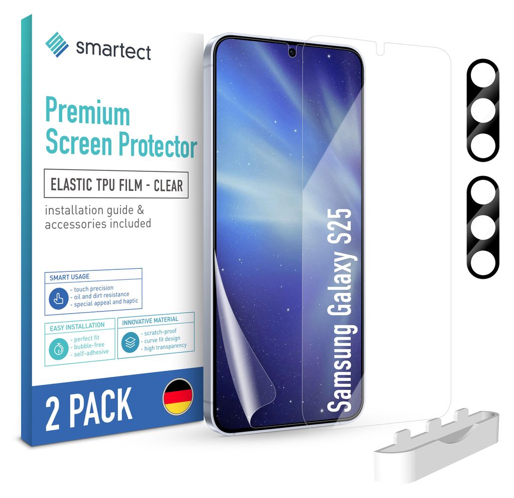 A product package for screen protectors and camera protectors for a Samsung Galaxy S25.