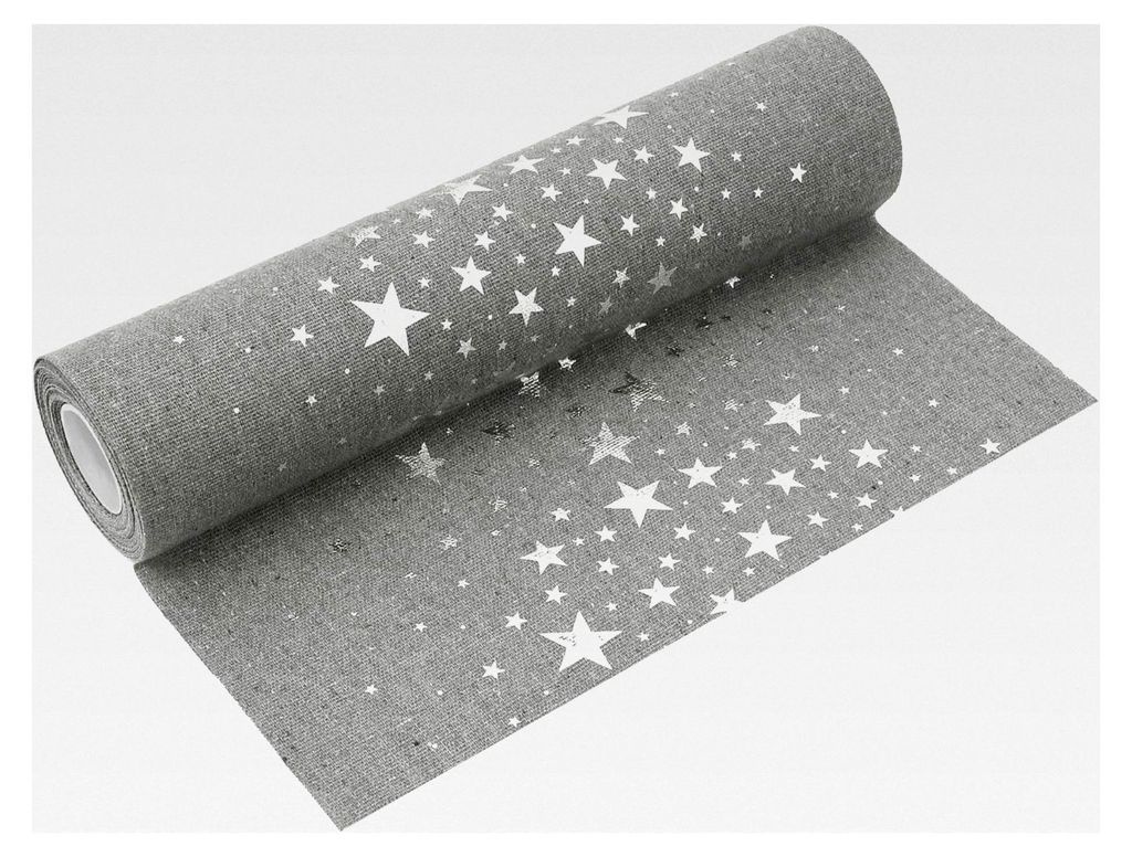 Tischläufer in Grau mit Leinen-Optik 5m – Weihnachtsdekoration mit Silbernen Sternen, 28 cm Breit – Festliche Tischdekoration für Weihnachten...