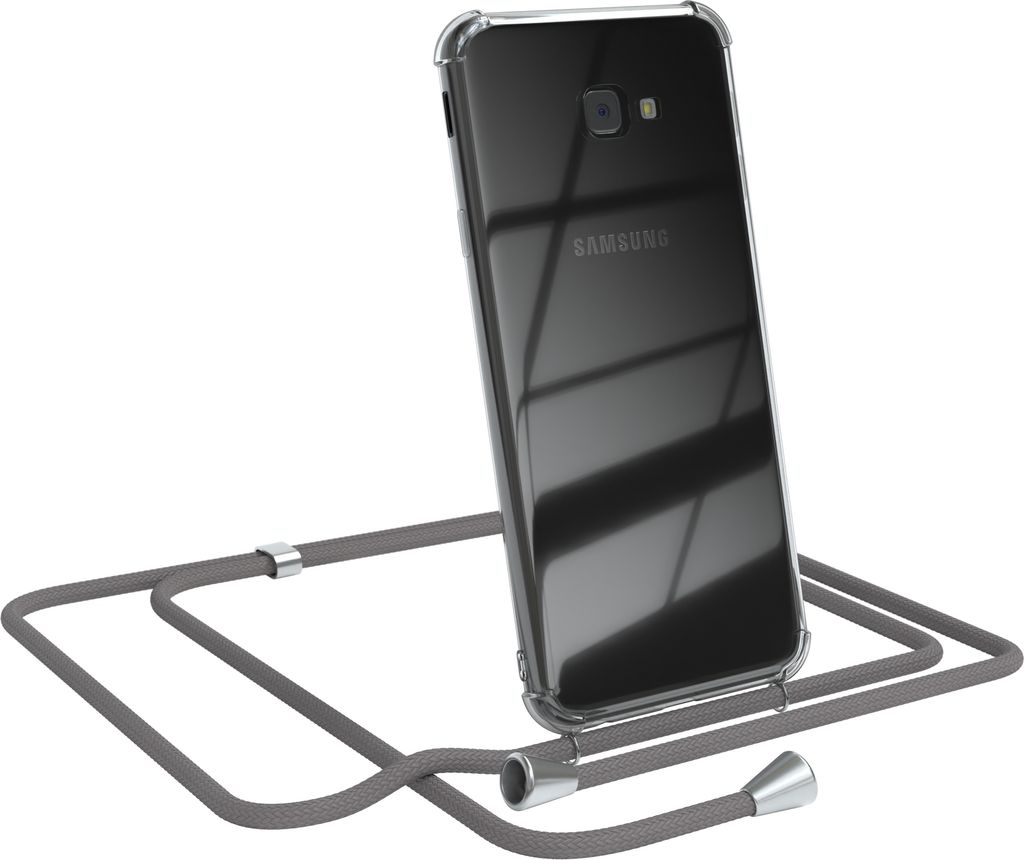 EAZY CASE Handykette kompatibel mit Samsung Galaxy J4 Plus, Handyhülle mit Umhängeband, Handykordel, Schutzhülle Clear, Band in Grau