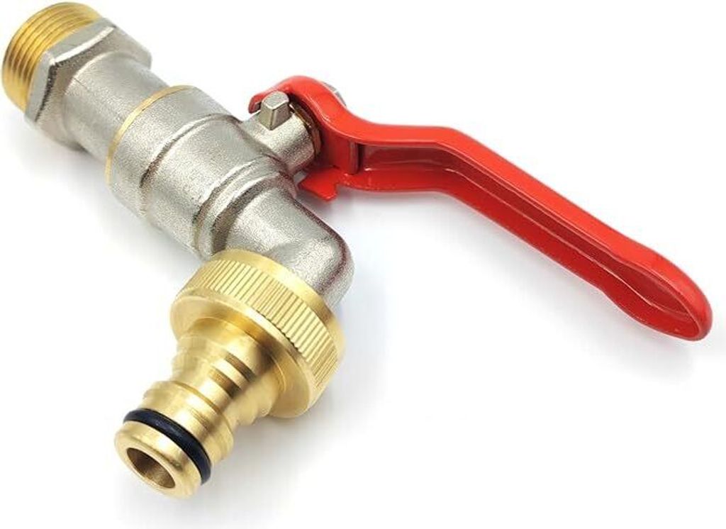 A close-up studio shot of a brass and silver water tap with a red handle, isolated on a white background.